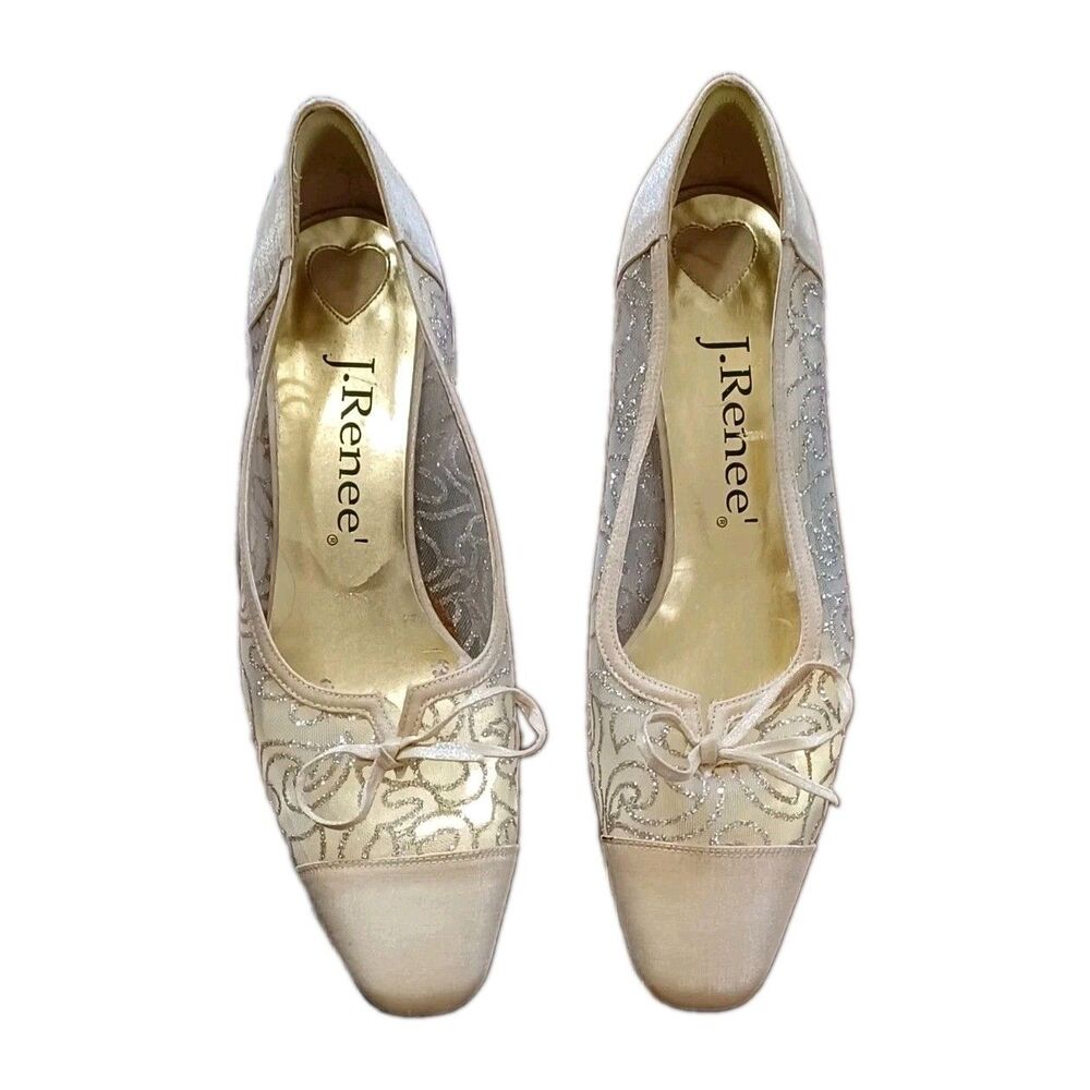 J. Renee Gold Beige Metallic Satin Mesh Glitter Block Heel Pumps Shoes 9.5